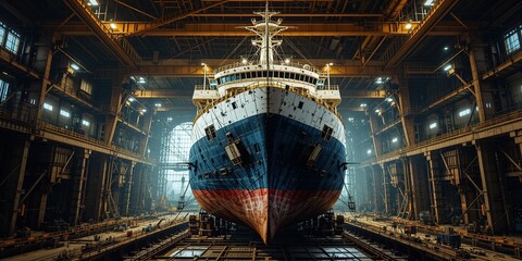 Massive Ship Undergoing Repairs in Dry Dock