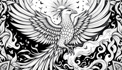 Fototapeta premium 20250514003839list 21 detailed coloring book illustration of a mythical phoenix rising, in an art deco style, black and white, featuring radiant feathers and flame motifs, fine lines
