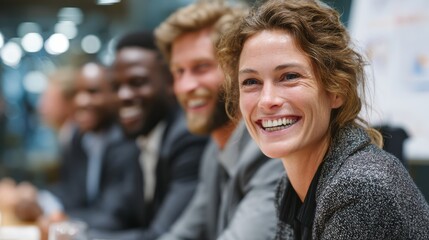 Fototapeta premium Professional team smiling during discussion on quarterly performance at conference table