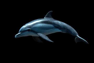 Fototapeta premium Cute dolphin swimming freely underwater showcasing agility and grace in a serene ocean environment, A cute dolphin swimming forward freely underwater, side view, realistic 3D rendering cycle