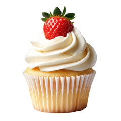 Delicious vanilla cupcake topped with creamy frosting and a fresh strawberry, perfect for celebrations and sweet treats on transparent background