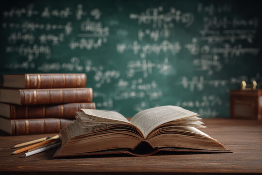 Open antique book on wooden desk, stack of old books and chalkboard with math formulas in background.  Education, learning, knowledge concept. : Generative AI