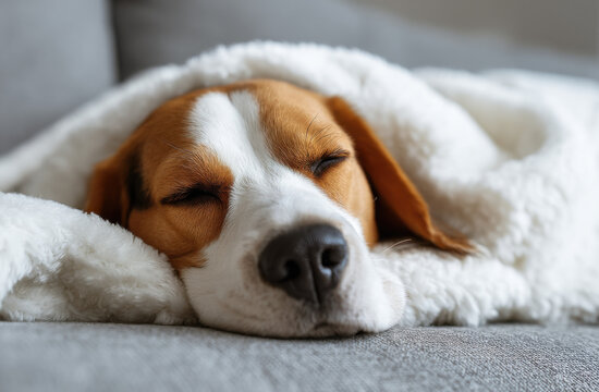 A beagle dog peacefully sleeps under a cozy white blanket on a gray sofa, its eyes closed in a serene slumber. The soft fur of the blanket contrasts with the dog's brown and white fur. : Generative AI - Powered by Adobe