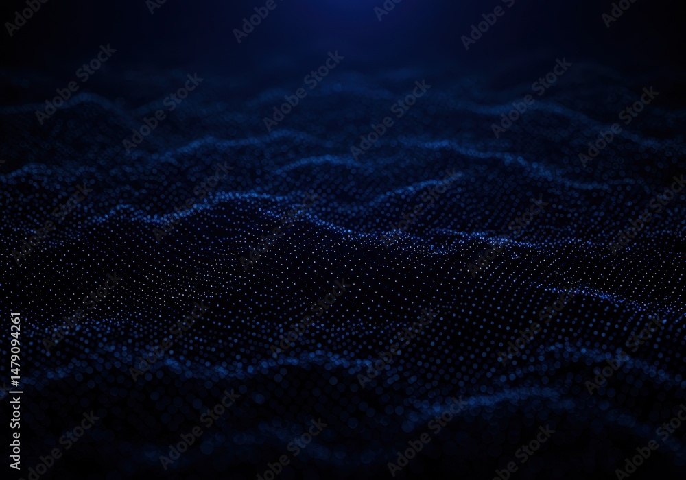 Poster abstract dark blue wave pattern with a digital grid and dot texture background