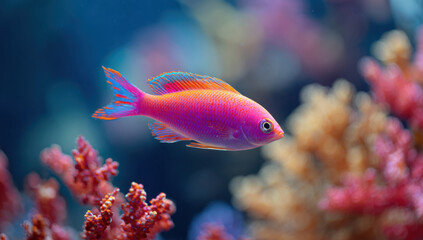Obraz premium Vibrant pink anthias fish swimming gracefully amidst coral reef, showcasing its bright orange and blue fins in an underwater scene. : Generative AI