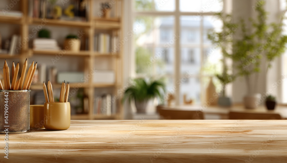 Poster wooden desk with pencils in holders, blurred background of a bright home office with bookshelves and