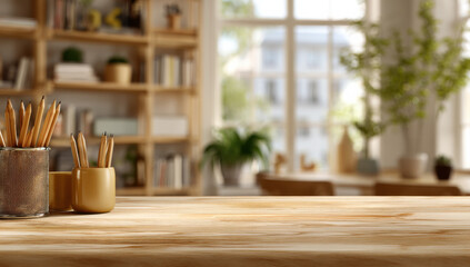Wooden desk with pencils in holders, blurred background of a bright home office with bookshelves and window. : Generative AI