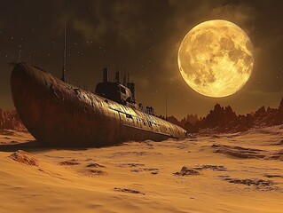 Rusty submarine wreck on desert moon
