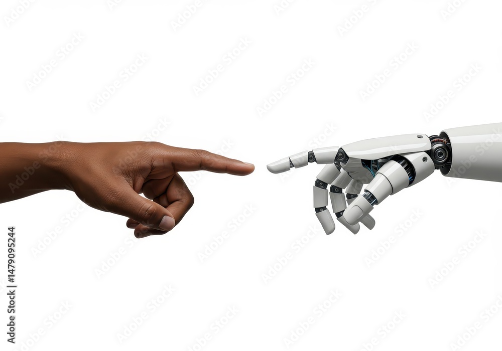Poster human and robot hands reaching out to each other in a gesture of connection