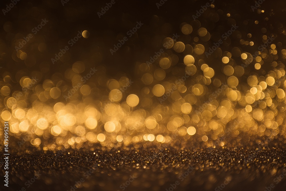 Poster golden glitter bokeh backdrop of shimmering particles.