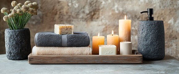 Serene spa scene towels, candles, soap, dispenser, flowers, on wooden tray. Relaxing