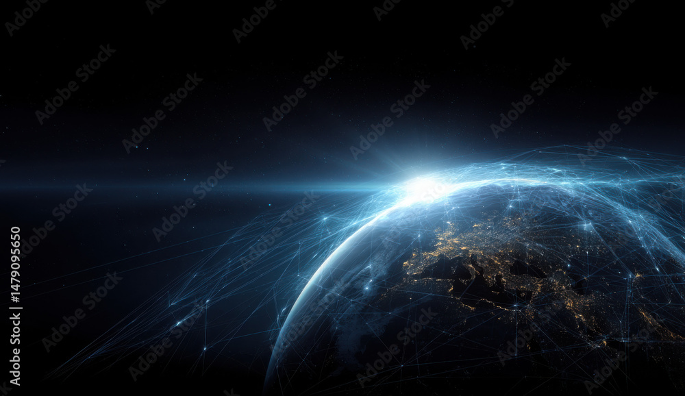 Poster Global network connections visualized on a nighttime earth, showcasing illuminated city lights and intricate data streams connecting continents. : Generative AI