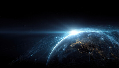 Global network connections visualized on a nighttime earth, showcasing illuminated city lights and intricate data streams connecting continents. : Generative AI