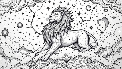 20250514003839list 55 detailed coloring book illustration of a celestial lion constellation, in a mythological style, black and white, featuring starry lines and nebula clouds, fine lines