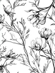 Fototapeta premium Floral Sketch Pattern Black and White Delicate Flowers and Leaves Seamless Design Elegant Botanical Illustration Artistic Style