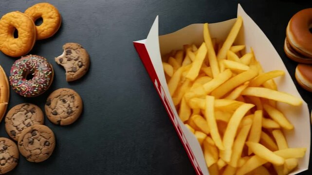 Overhead shot of pizza, burgers, donuts, cookies, fries and candy on a dark surface