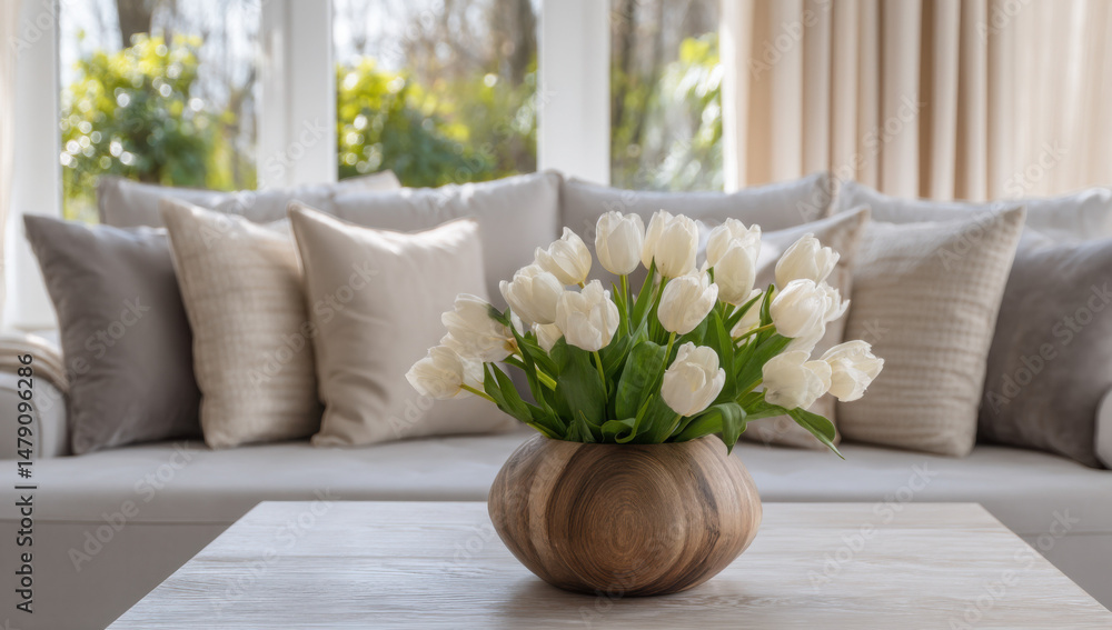 Poster A bouquet of white tulips sits in a wooden vase on a coffee table in front of a beige sofa with decorative pillows, creating a serene living room scene. : Generative AI