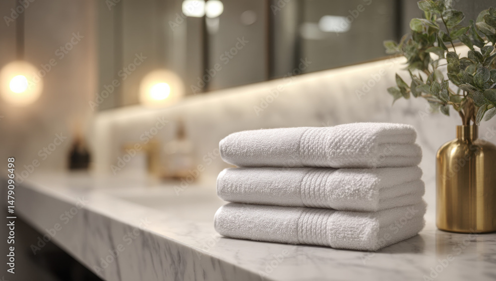 Poster three crisp white bath towels neatly stacked on a marble countertop in a modern bathroom, next to a 