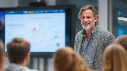 Leader sharing quarterly goals on digital presentation screen