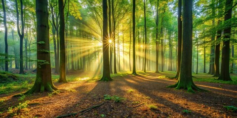 Fototapeta premium Serene forest landscape at dawn with sunlight filtering through leaves and casting dappled shadows on the forest floor
