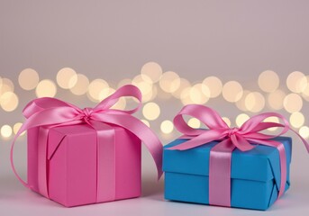 Fototapeta premium Two wrapped gifts sit against a softly blurred background with pink and blue colors