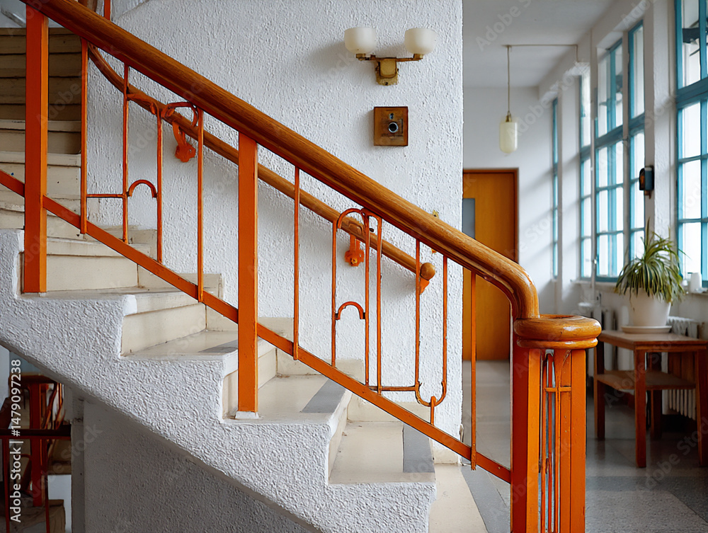 Poster bright and minimalist abstract photograph focusing on the rhythmic pattern of the steps of a wooden 