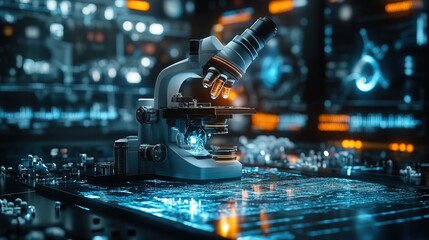 Futuristic Microscope and Digital Backdrop