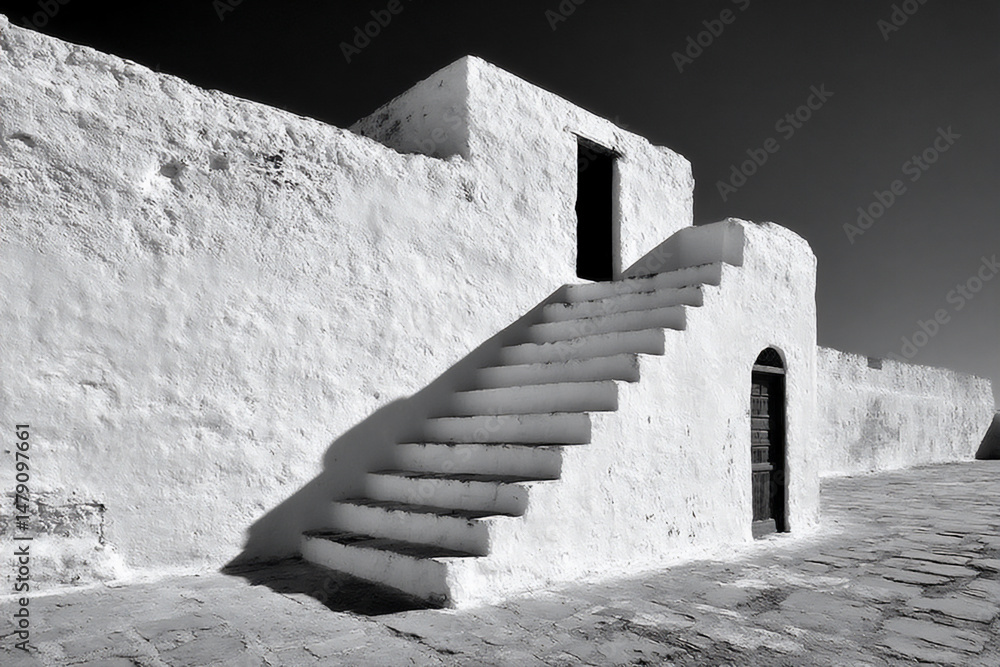 Poster bright and minimalist photograph focusing on the geometric shadows cast by the treads of a staircase