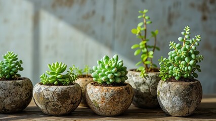 Fototapeta premium Rustic Green Plants in Stone Pots, Natural Decor