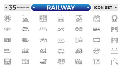 Railway industry outline icons set. Railroad company. Rail transport. Train station. Customizable thin line symbols. Editable stroke outline icon.
