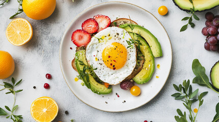 playful plate of avocado and egg toast surrounded