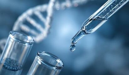 Close-up view of liquid dripping from pipette into test tubes near dna strands.