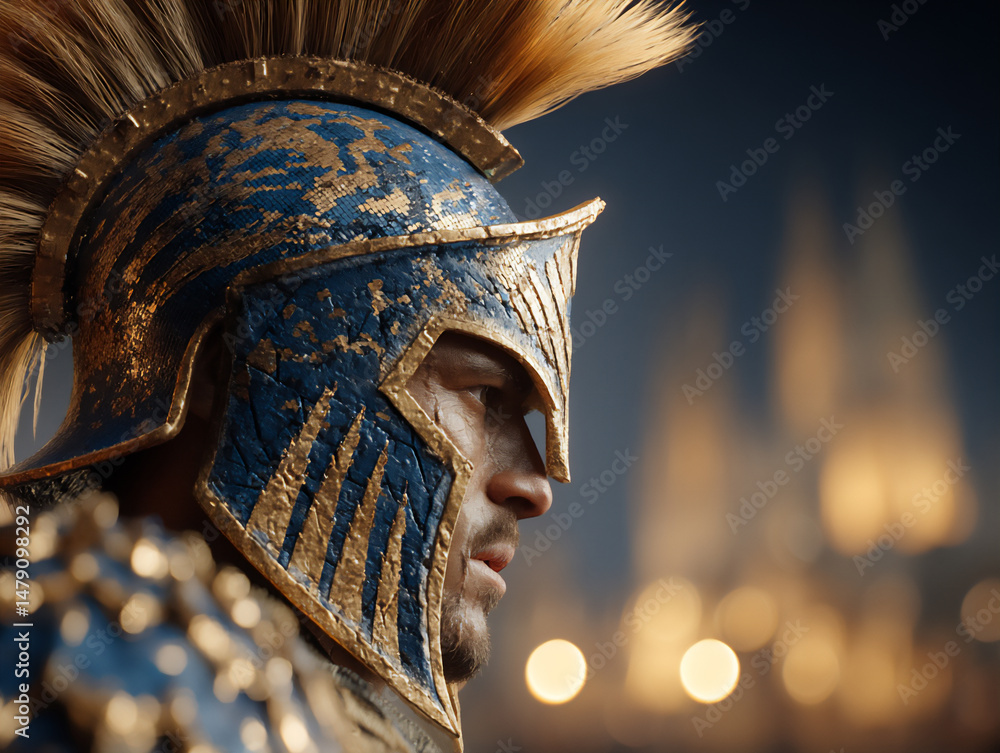 Poster abstract 3d rendering of a holographic projection of a corinthian helmet flickering with digital gli