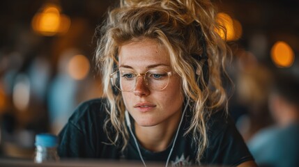 Female digital nomad immersed in her favorite playlist while working on a creative assignment