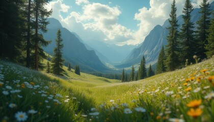 Serene Mountain Valley Landscape with Wildflower Meadow and Towering Evergreen Trees Under a Bright Cloudy Sky