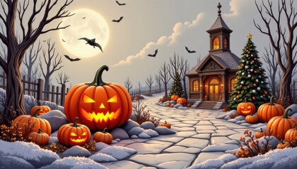 a high quality 4k image of a set icon clipart christmas environment, created in white background style, featuring a halloween. captured from a wide angle shot