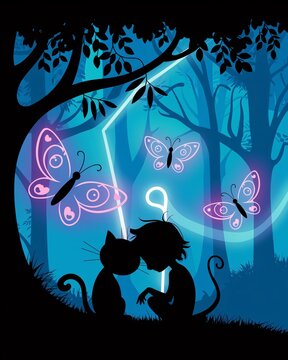a child like creature bonding with a cat on a dreamy forest, silllhuette design