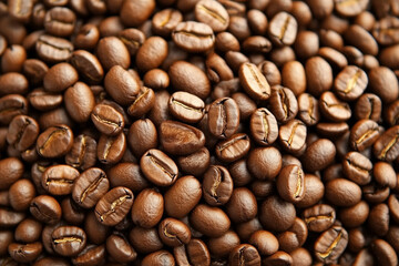 Fototapeta premium A detailed close-up view of roasted brown coffee beans, highlighting their texture and characteristic shape, often associated with fresh coffee aroma, culinary delight, and morning routines.