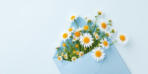 Spring Chamomile Blossoms in Blue Envelope - Pastel Blue Background