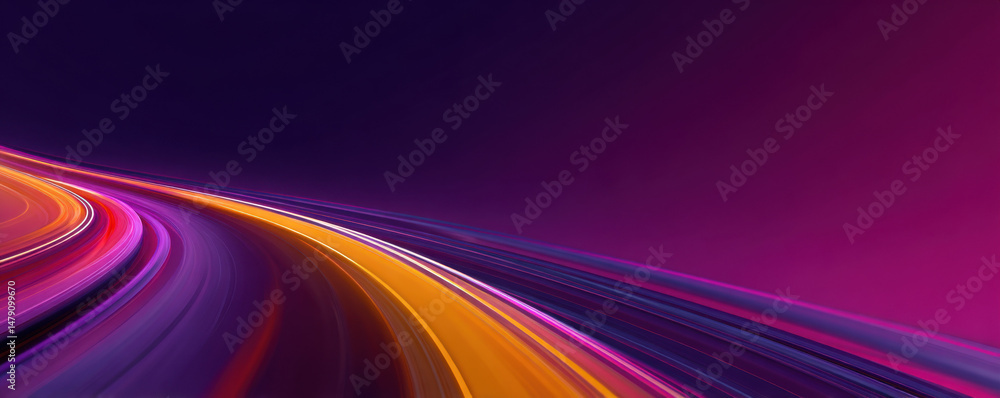Poster abstract dynamic curves of vibrant purple, orange, and pink light streaks, creating a futuristic and