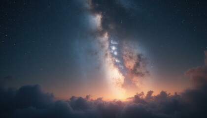 Naklejka premium Ethereal landscape featuring a luminous sky illuminated by the Milky Way, with clouds in a stunning, dreamy sky