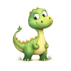 Fototapeta premium A Happy Green Dinosaur Stands on Sandy Ground,Smiling Cheerfully at the Viewer,Enhancing Childrens Book Illustrations