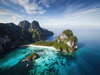Stunning Drone Shot of Maya Bay, Ko Phi Phi Leh, Thailand. Andaman Sea.