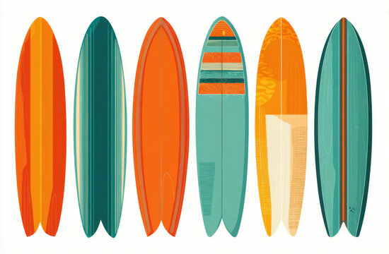 Six stylish surfboard designs in teal, orange, and beige, perfect for summer beach vibes and surfing illustrations.  Ideal for web banners, print, and apparel. : Generative AI