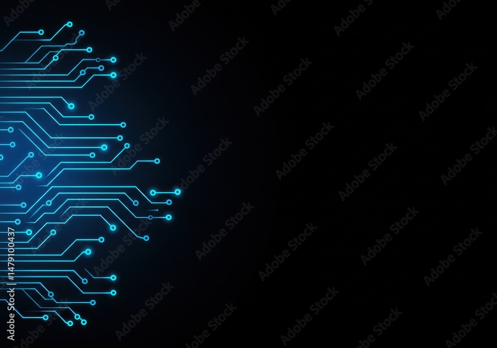 Poster a glowing blue circuit board pattern is displayed on a dark background showing technology.