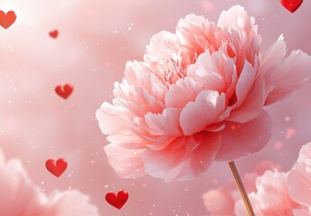 Pink Peony Blossom with Red Hearts, Soft Pink Background