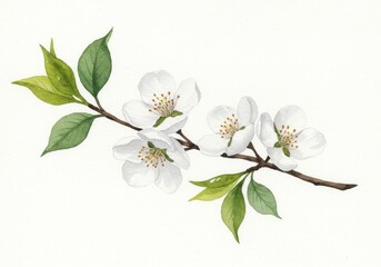 Watercolor painting of a blossoming branch with white flowers and green leaves on white background