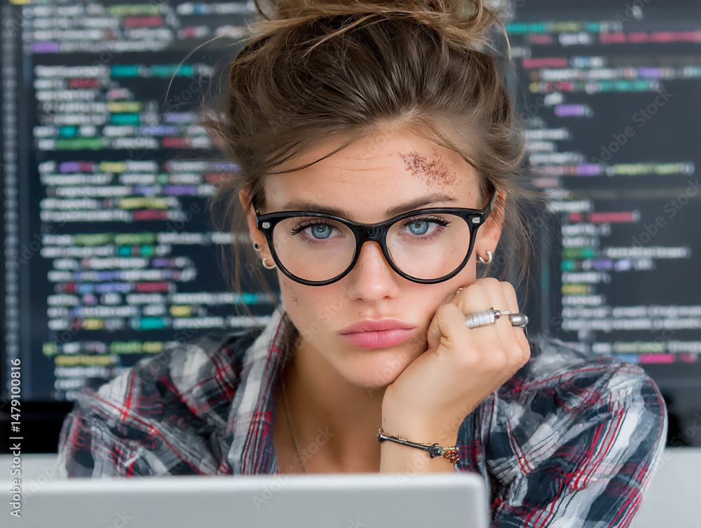 Poster bright and modern photograph of a young woman watching a coding tutorial on her tablet while practic