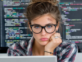 bright and modern photograph of a young woman watching a coding tutorial on her tablet while practicing on a laptop, surrounded by notes and textbooks,