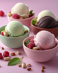 Colorful gourmet ice cream scoops in elegant bowls on a pastel background, styled with fresh toppings and shot in high resolution with a clean, modern aesthetic.